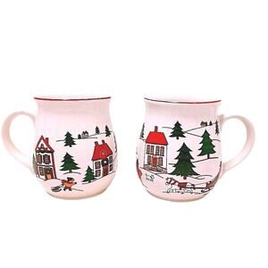 2 Cups Jamestown China Joy of Christmas Coffee Mug Winter Trees Sleigh Ceramic